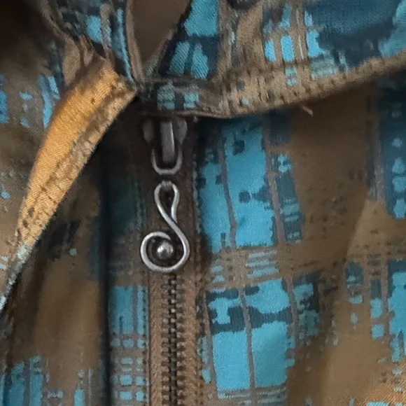 Samuel Dong Olive Green Satin Floral Wrap Dress Coatwith Purple & Orange Accents - Picture 5 of 9